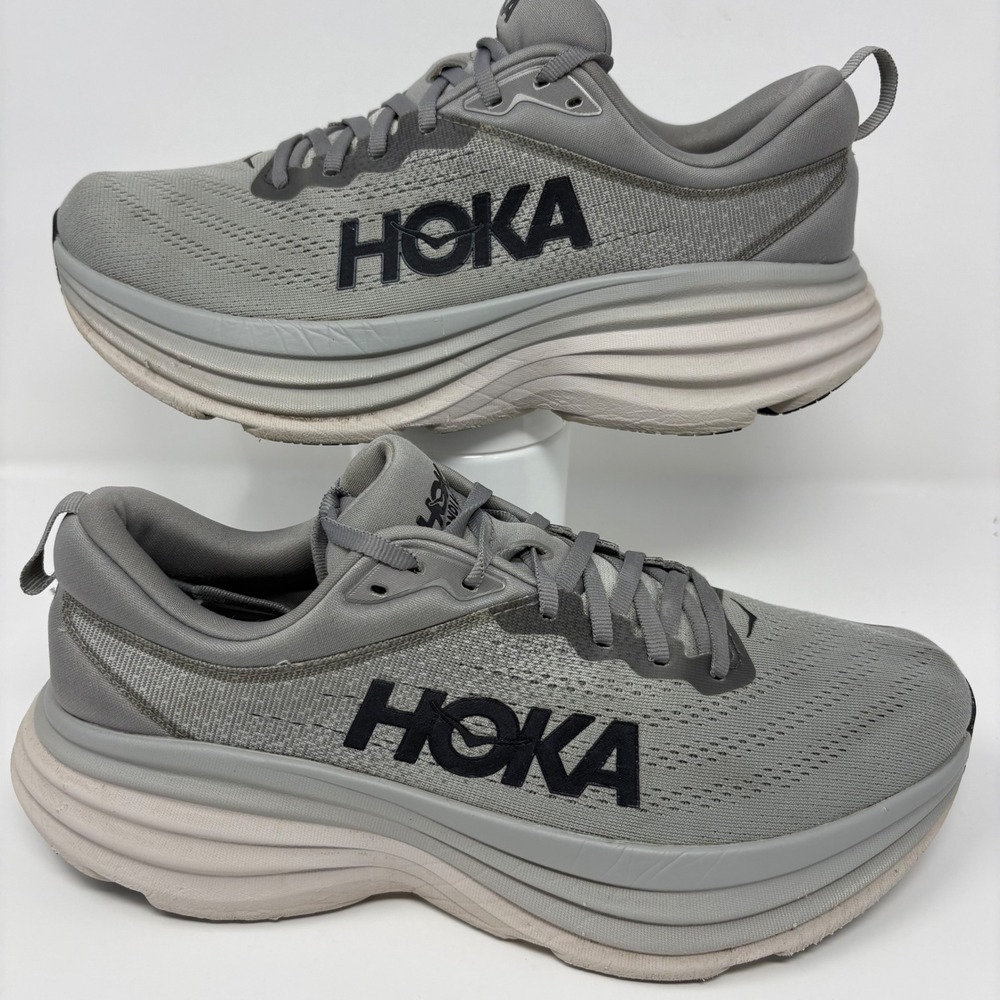 Hoka Bondi 8 Mens Size 9.5 Grey White Athletic Running Shoes (1123202 SHMS) - Picture 2 of 8